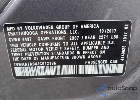 2018 Volkswagen Passat 2.0T R-Line/2.0T S из США, поврежденный, VIN 1VWAA7A34JC012135